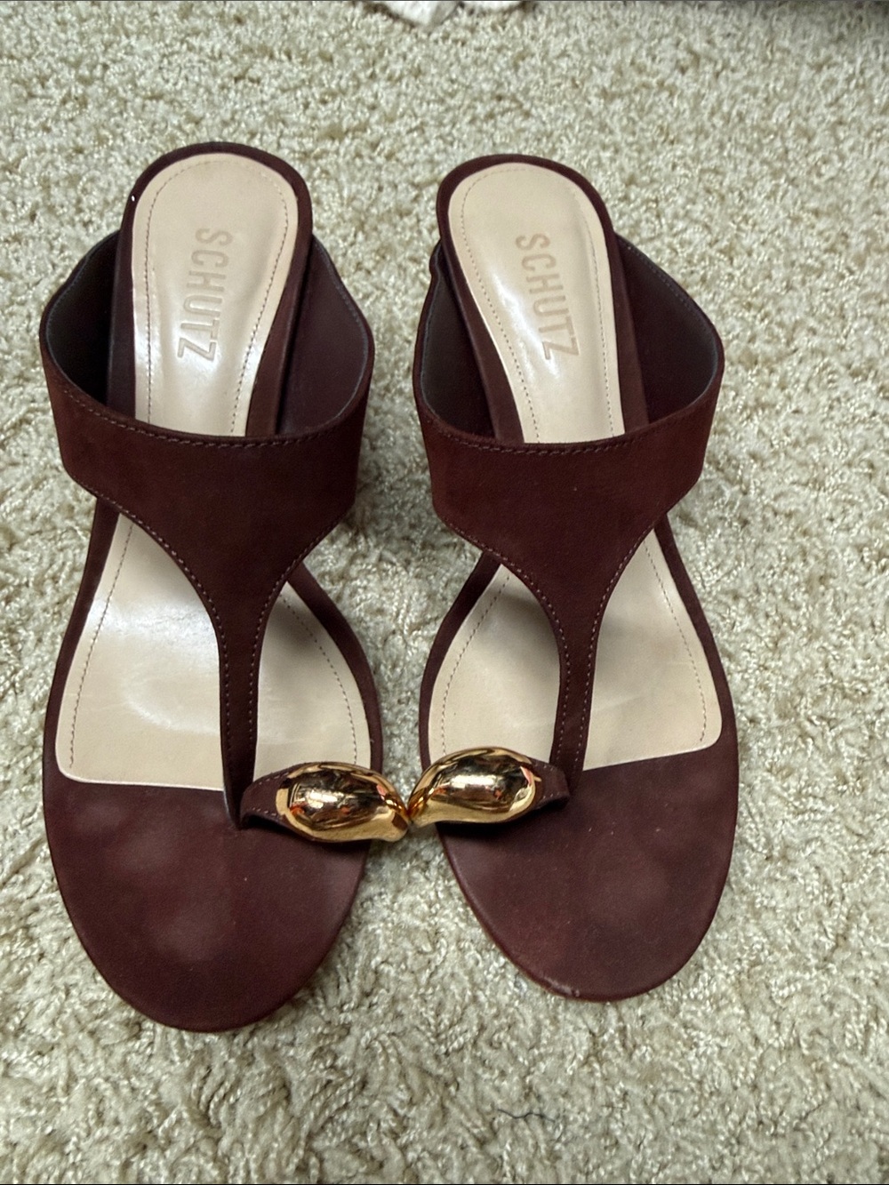 SCHUTZ Brown Suede Thong Sandals with Gold Accent 7.5